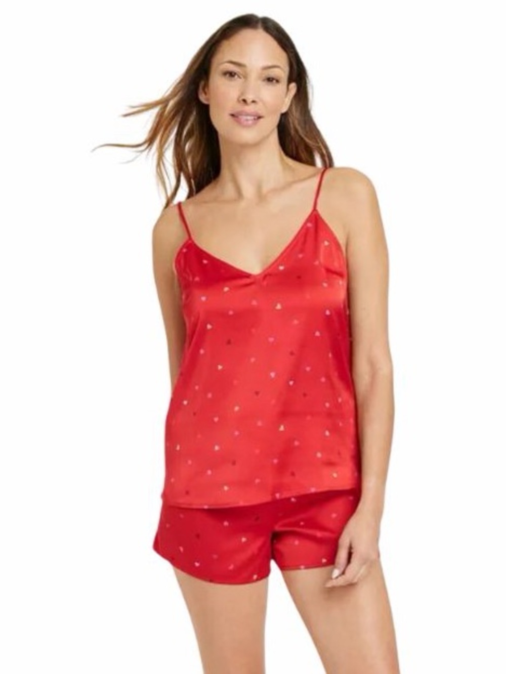 Stars Above Red Satin Heart Print Cami & Short Sleep Set - M